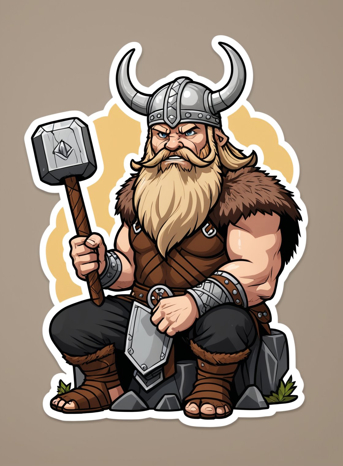 (Closeup an angry viking holding Mjolnir sitting near Yggdrasil epic pose epic light glowing runes), Sticker, Cute sticker, Kawaii sticker, die-cut, plain background, illustration minimalism, vector, pastel colors, kawaii