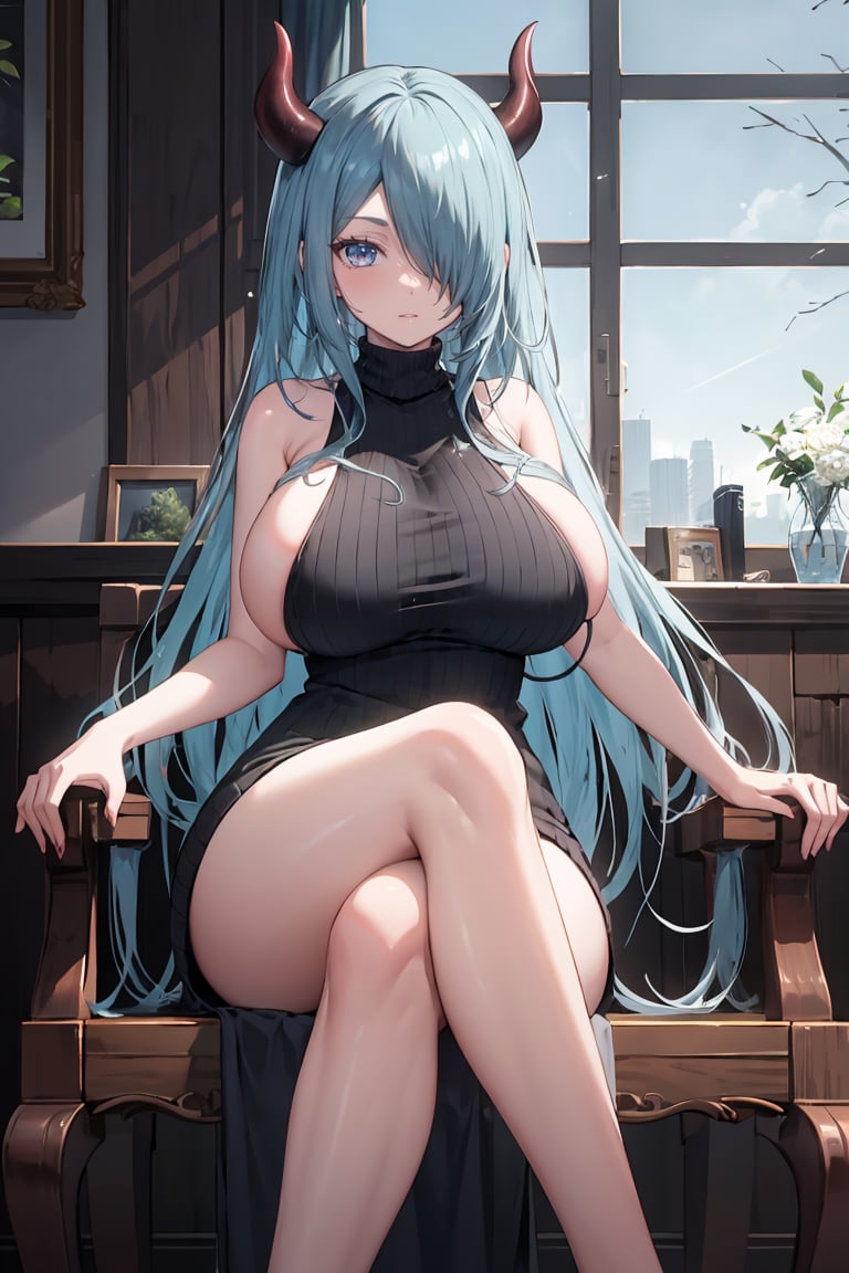 masterpiece, best quality, ultra-detailed, glistening shiny, glowing light, ray tracing, HDR, deph of field, (perfect face, detailed face), <lora:RosaryCornelica:0.7>, rosarycornelica, long hair, hair over one eye, demon horns, huge breasts, sweater dress, turtleneck, sideboob, bare arms, bare legs, crossed legs, sitting