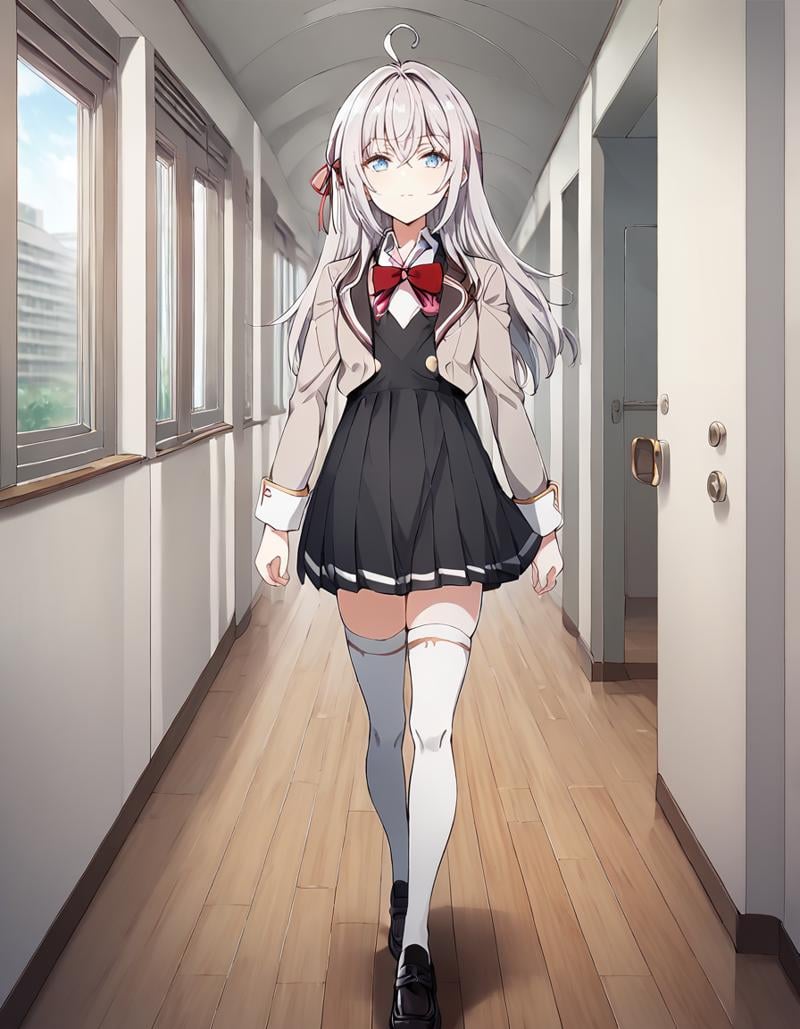 score_9, score_8_up, score_7_up, source_anime,1girl, looking at viewer, indoors, school, hallway, windows, doors, arms at sides, walking,alya, long hair, silver hair, ahoge, crossed bangs, hair ribbon, red ribbon, sidelocks, blue eyes,school uniform, grey jacket, open jacket, long sleeves, white cuff, red bow, white shirt, collared shirt, black vest, buttons,  black dress, white thighhighs, black loafers,<lora:alya_anime_v2-soralz:1>