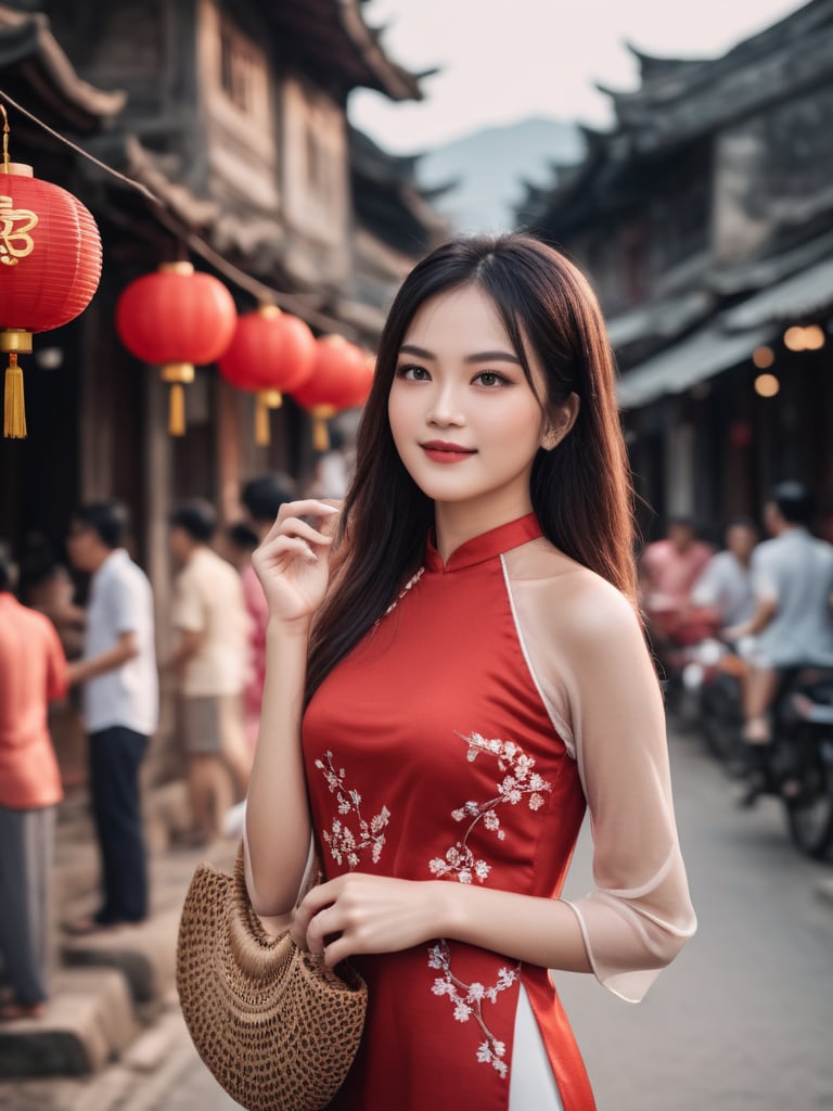 realistic photo of young beautiful woman wearing ao_dai_tet_xl standing on old town road 35mm photograph, film, bokeh, professional, 4k, highly detailed  <lora:add-detail-xl:1>  <lora:AoDaiTetXL-000001:1>