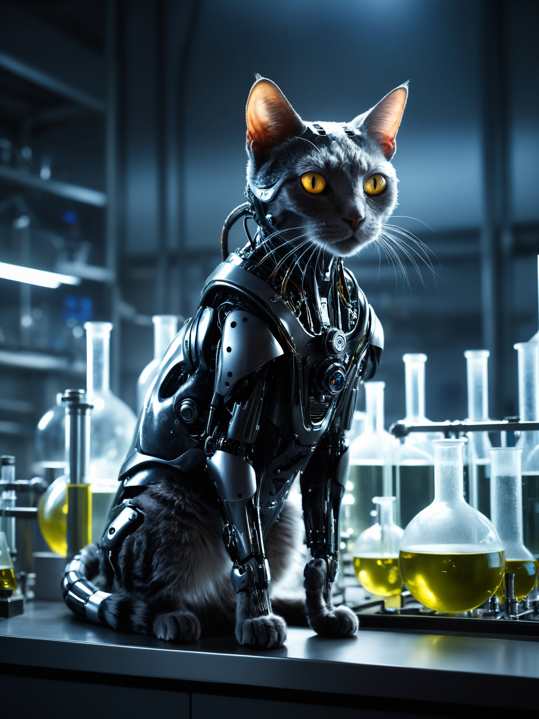 best quality, masterpiece,Cyberpunk, sci-fi, dark-fantasy, portrait photo of a cat cyborg robot in a chemical laboratory, volumetric lighting, highly detailed,professional photo, high contrast exposure, soft bokeh, high key light, hard shadow, soft bokeh, simple background,