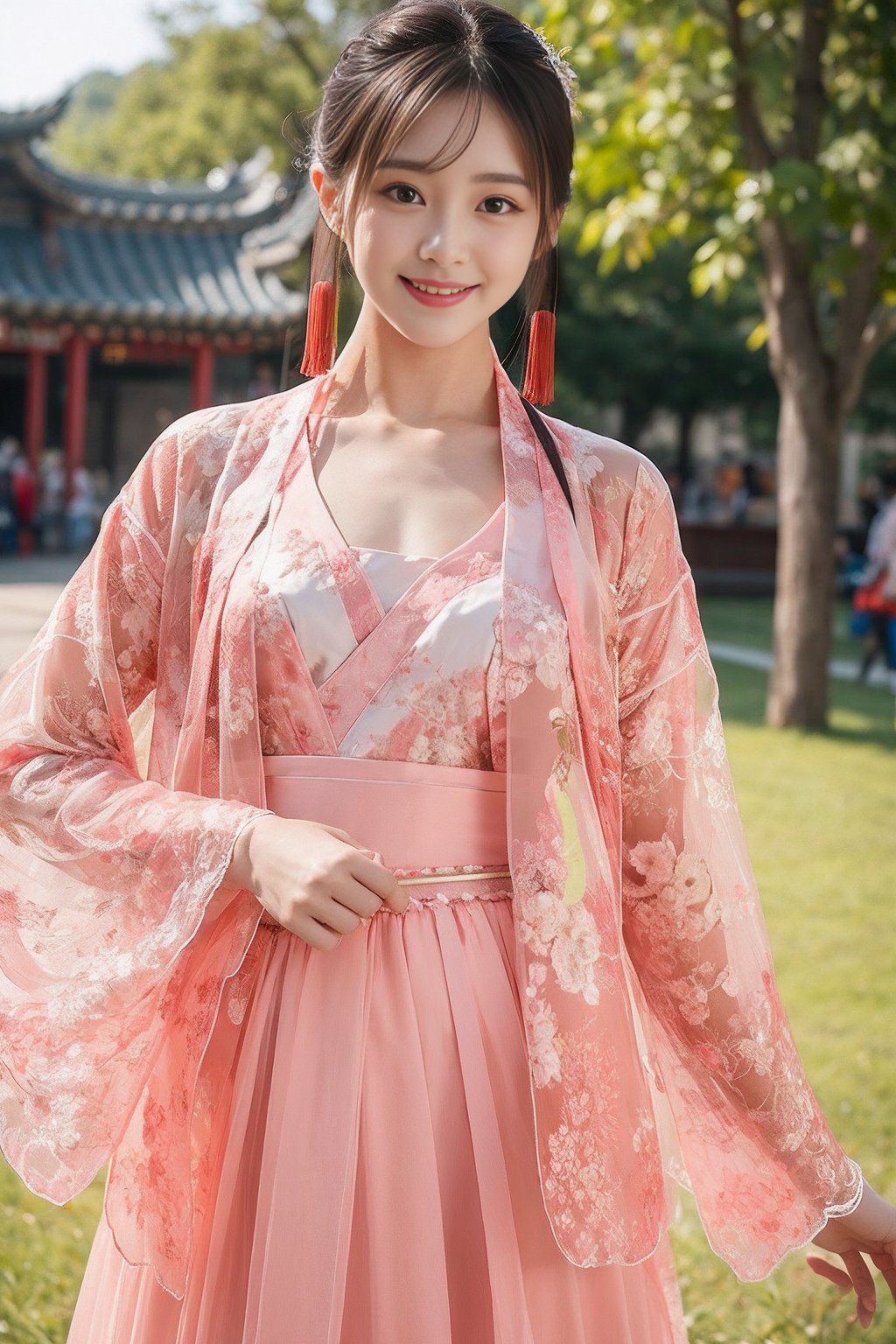 1girl,hanfu,(Chest Shot:1.2),(Chinese architecture background:1),(looking_at_viewer:1),realistic,(blunt bangs:1),(standing:1),(hair stick:1),(smile:1),4k