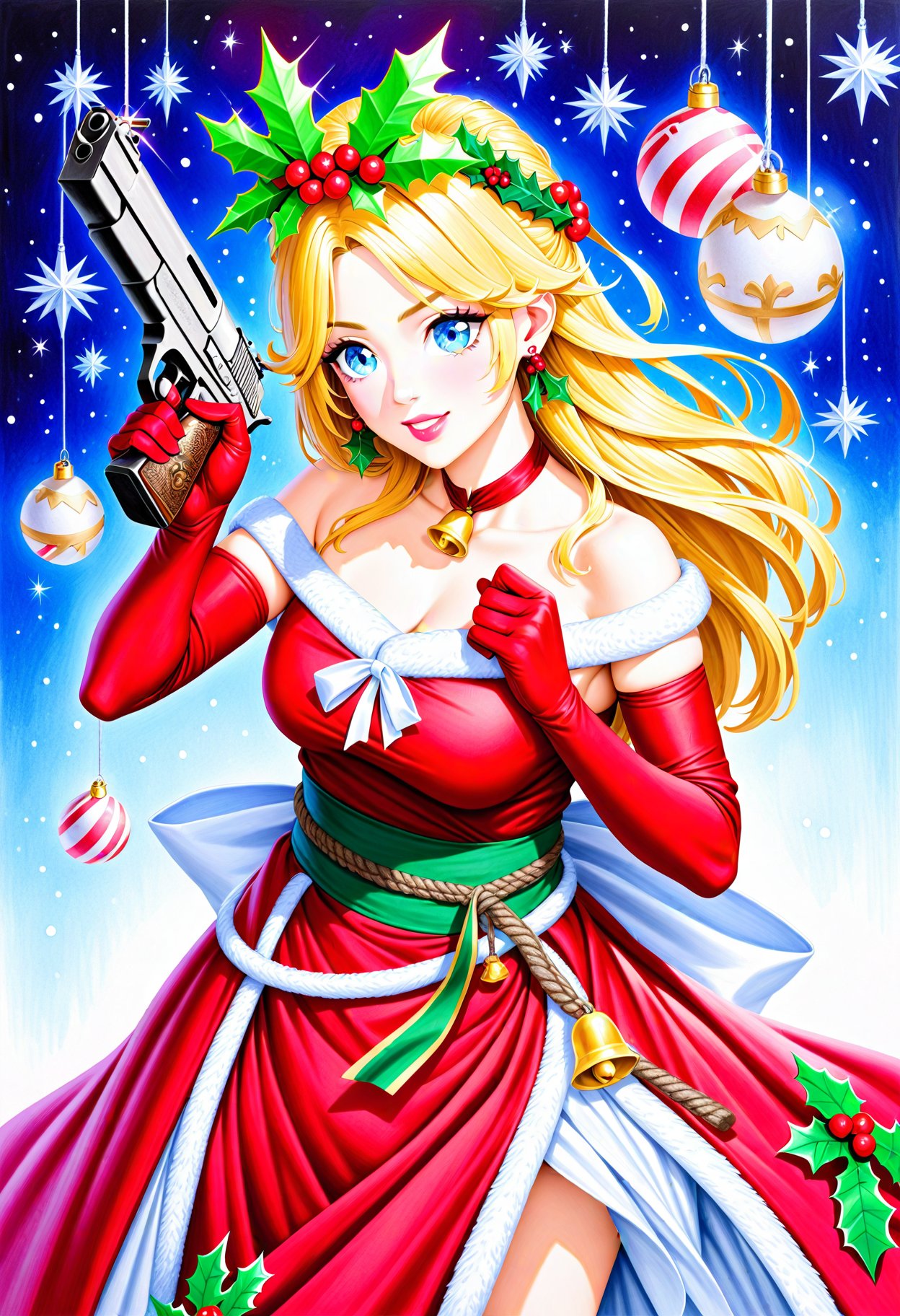 1girl,    jewelry, crown, bell, millipen \(medium\), blonde hair, gloves, earrings, long hair, red gloves, handgun, traditional dress, red dress, santa costume, rope belt, holly, belt, weapon, ribbon, lipgloss, solo, elbow gloves, traditional media, christmas ornaments, blue eyes, gun, neck bell, dress, holly earrings, skirt, traditional clothes, realistic, christmas, masterpiece, best quality, newest,  safe