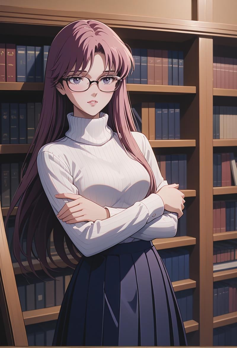 score_9, score_8_up, score_7_up, best quality, intricate details, masterpiece, souce_anime BREAK<lora:SaoriKido_Pony_v08:1> athenakido, blush, looking away, shy, light smile, parted lips,  holding own arm, turtleneck sweater, pleated skirt, glasses, bookshelf, window, autumn, sunny, 