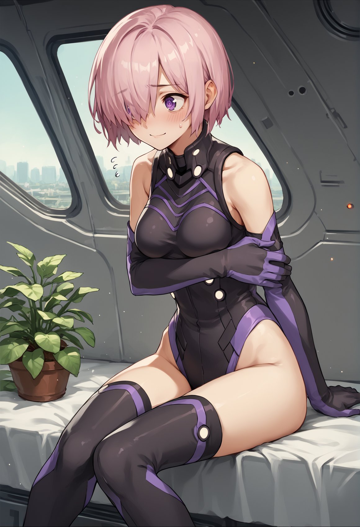 1girl, short hair, pink hair, purple eyes, hair over one eye, leotard, Clothing Cutout, elbow gloves, Thighhighs, medium breasts, sitting, bed, spacecraft interior,  plant, nervous smile, blushing, looking to the side, grabbing own arm <lora:Mashu:1>, score_9, score_8_up, score_7_up, score_6_up, score_5_up, score_4_up, BREAK source_anime, masterpiece