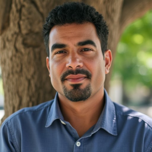 A photograph of a 55-year-old African-American man with dark curly hair standing in front of a tree.