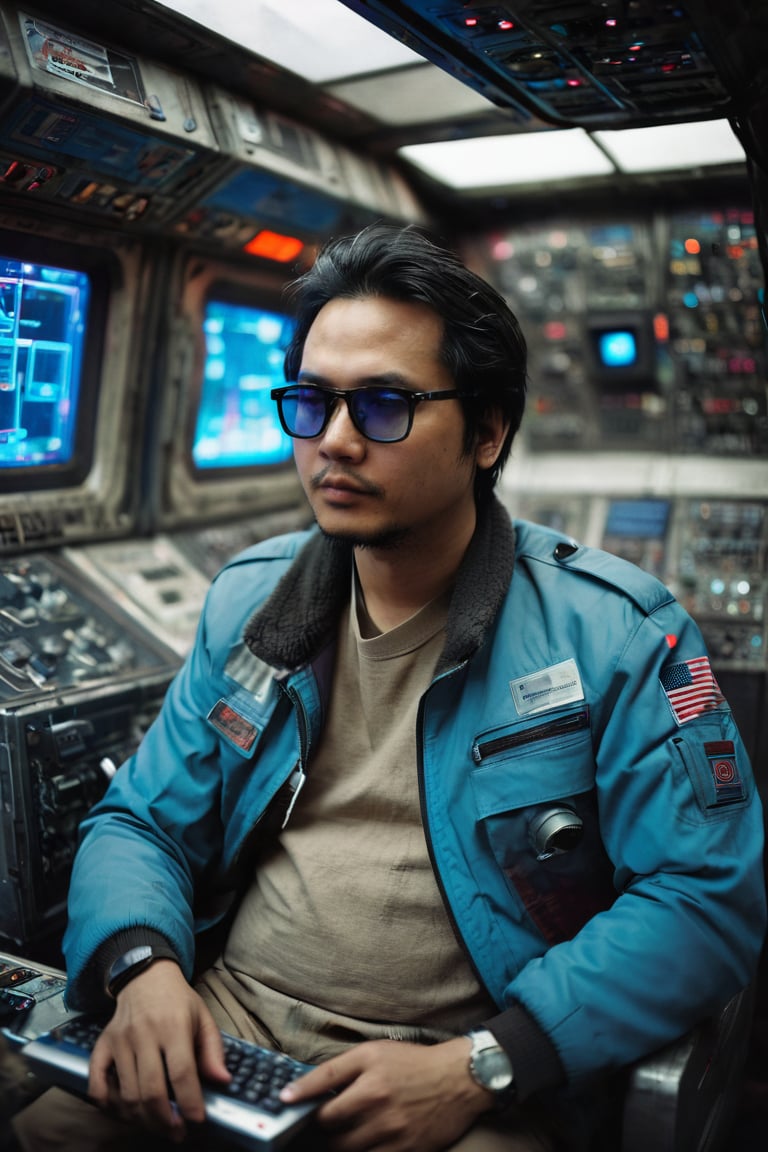 cip4rf,  east asian,  worn-down computer control panels surrounding an adult man in dirty clothes (sci-fi jacket) sitting in a starship,  with glasses,  creating a hyperpunk scene with desaturated dark red and blue details,  colorful (polaroid:0.7) with vibrant colors,  (vacations,  high resolution:1.3),  (small,  selective focus,  european film:1.2),  (sexual advance:1.1),  closeup, cip4rf,<lora:EMS-291872-EMS:0.800000>,<lora:EMS-81685-EMS:0.800000>,<lora:EMS-59621-EMS:0.800000>