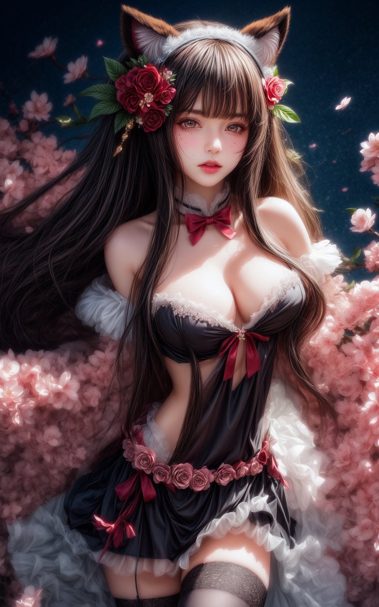 1girl, breasts, solo, animal ears, thighhighs, long hair, hair ornament, looking at viewer, flower, hair flower, large breasts, mole, bangs, cleavage, bare shoulders, medium breasts, parted lips