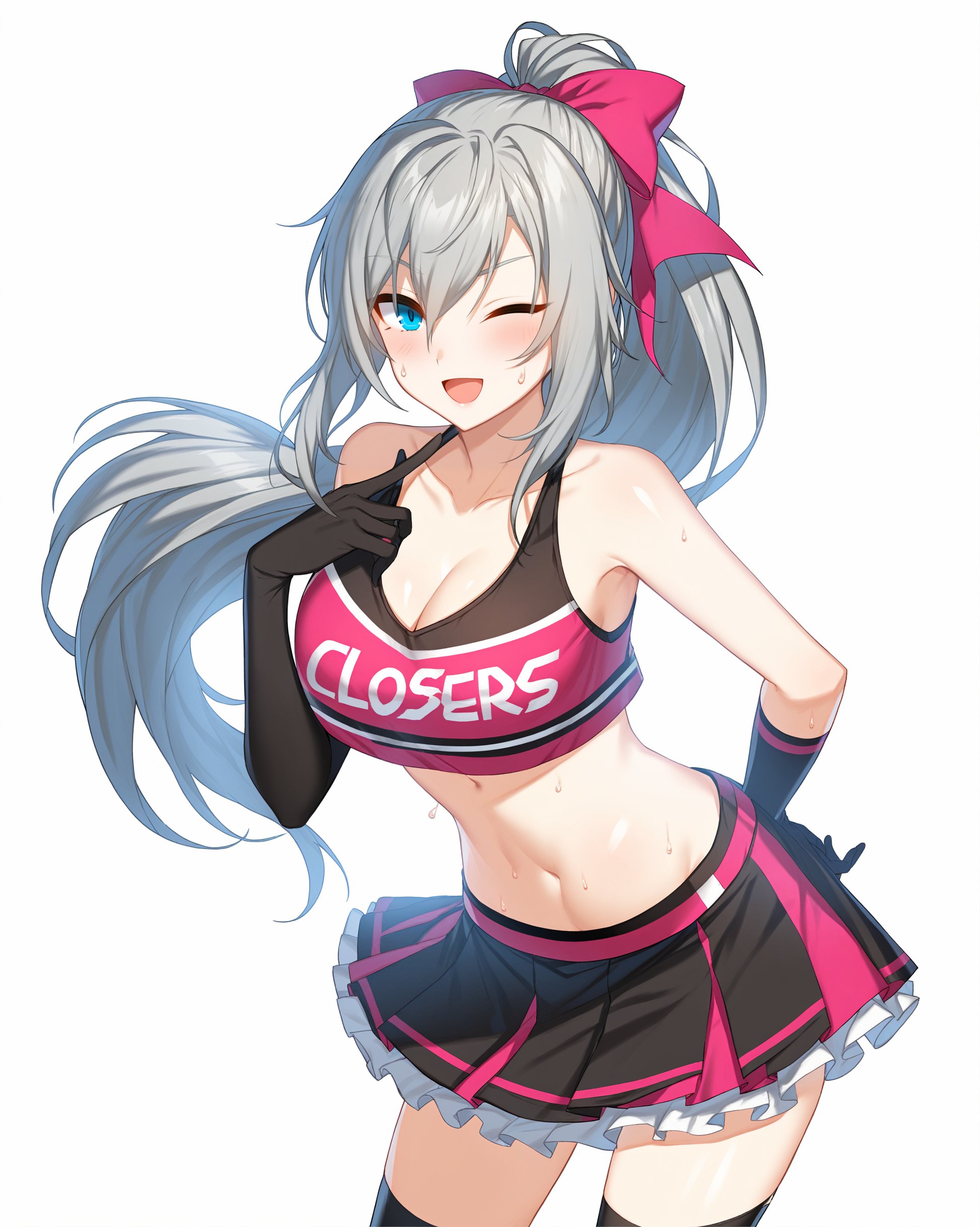 closers,((harpy_\(closers\))),<lora:closers-000003:1>,(masterpiece),(bestquality),1girl,breasts,gloves,long hair,one eye closed,skirt,cleavage,midriff,ponytail,navel,white background,large breasts,crop top,blue eyes,[white_eyes::5],sleeveless,looking at viewer,collarbone,simple background,smile,kneehighs,shirt,ribbon,hair between eyes,bow,black gloves,hair ribbon,sleeveless shirt,miniskirt,sweat,very long hair,hand on hip,bangs,pleated skirt,silver hair,hair bow,stomach,frilled skirt,bare shoulders,leaning forward,sidelocks,standing,black legwear,frills,thighs,open mouth,parted lips,black shirt,blush,grey hair,eyebrows visible through hair,high ponytail,pink ribbon,socks,watermark,crop top overhang,;d,arm behind back,aqua eyes,hand up,shiny,medium breasts,feet out of frame,;),asymmetrical legwear,hand on own chest,elbow gloves,shiny skin,sweatdrop,cowboy shot,bare arms,clothes writing,hair ornament,alternate costume,armpits,shiny hair,black skirt,index finger raised,