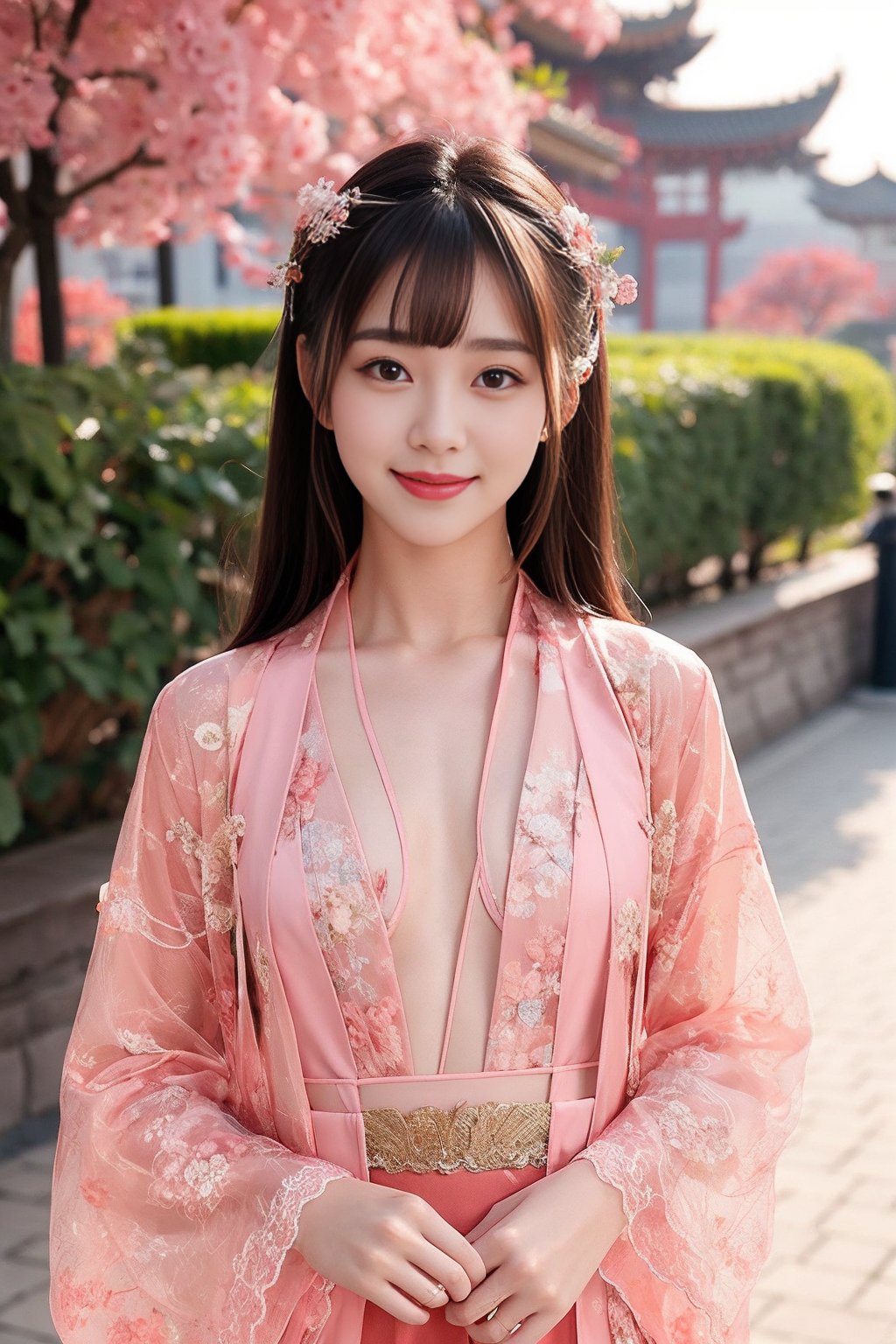 1girl,hanfu,(Chest Shot:1.2),(Chinese architecture background:1),(looking_at_viewer:1),realistic,(blunt bangs:1.2),(standing:1),(hair stick:1),(smile:1),4k