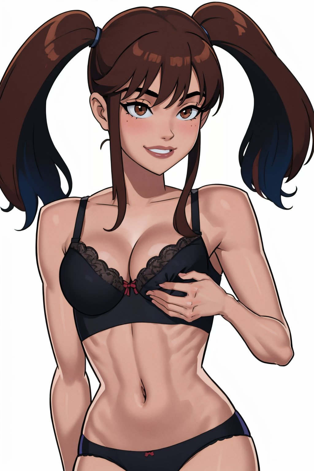 (masterpiece, best quality:1.2),   <lora:somethingunlimited:1>, somethingunlimited, 1girl, solo, breasts, underwear, navel, twintails, simple background, small breasts, brown hair, blush, white background, bra, black bra, bangs, black panties, sports bra, collarbone, cleavage, panties, closed mouth, smile, long hair, multicolored hair, looking to the side, brown eyes, underwear only