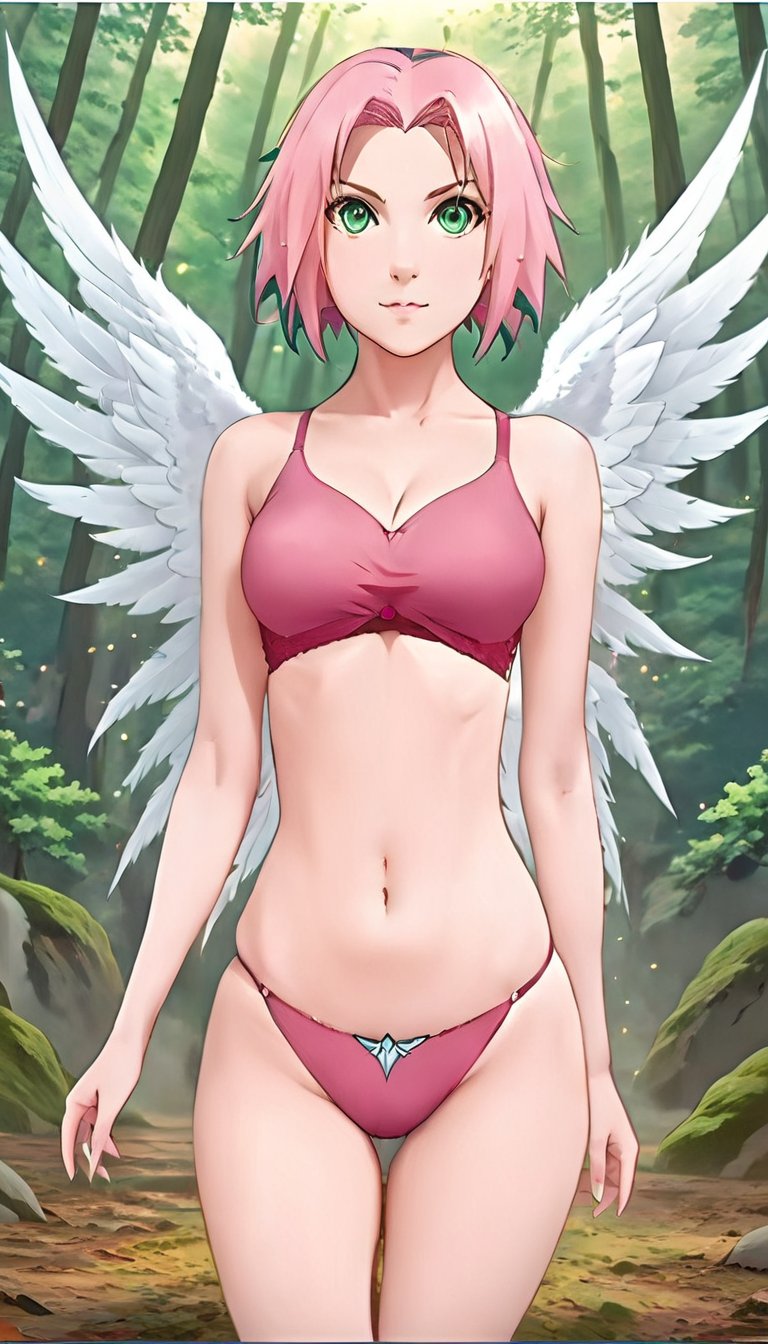 ethereal fantasy concept art of   <lora:SakuraXL:1> Sak_Nar Woman, Pink Hair, green eyes,   <lora:SDXL_Sacred_beast:.4> angel wings, full body <lora:underwear1_SDXL_V1:.5>underwear, flying high in the sky <lora:clothing_slider_v19_000000030:-4>showcasing martial arts skills in a vibrant forest setting. The scene should convey strength and agility, with an emphasis on her confident expression and dynamic action pose. The background should be anime-style, capturing the essence of a fast-paced, action-filled environment. . magnificent, celestial, ethereal, painterly, epic, majestic, magical, fantasy art, cover art, dreamy