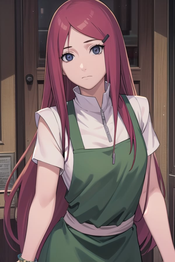 kushina, <lora:kushina-lora-nochekaiser:1>,kushina, long hair, hair ornament, red hair, hairclip, (grey eyes:1.5),BREAK shirt, dress, jewelry, white shirt, short sleeves, apron, bracelet, green apron, collar,BREAK looking at viewer, upper body, full body, cowboy shot,BREAK indoors,BREAK <lyco:GoodHands-beta2:1>, (masterpiece:1.2), best quality, high resolution, unity 8k wallpaper, (illustration:0.8), (beautiful detailed eyes:1.6), extremely detailed face, perfect lighting, extremely detailed CG, (perfect hands, perfect anatomy),