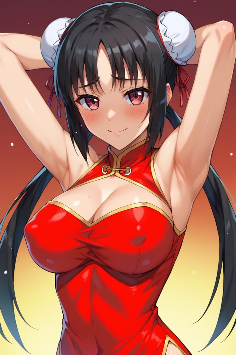 score_9,score_8_up,score_7_up,score_9,score_8_up,score_8,ultra detailed,beautiful face,highres BREAK, 1 girl, solo, black hair, dress, , double bun, white gloves, red dress, Chinese dress, blush, cleavage, , , bare shoulders, li meng meng, underwear, covered nipples, large breasts, hair ornament, smile, hands behind head, armpits, facing viewer<lora:EMS-394084-EMS:0.700000>