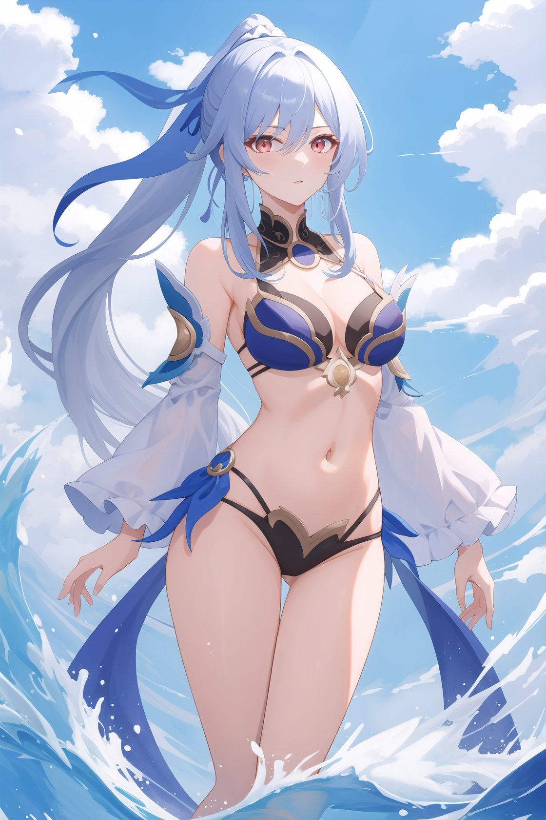 <lora:镜流v4:1:lbw=char>,jingliu,1girl,solo,bangs,bare shoulders,high quality,detached sleeves,cleavage,ponytail,bikini, (masterpiece,best quality:1.2),absurdres, high quality,