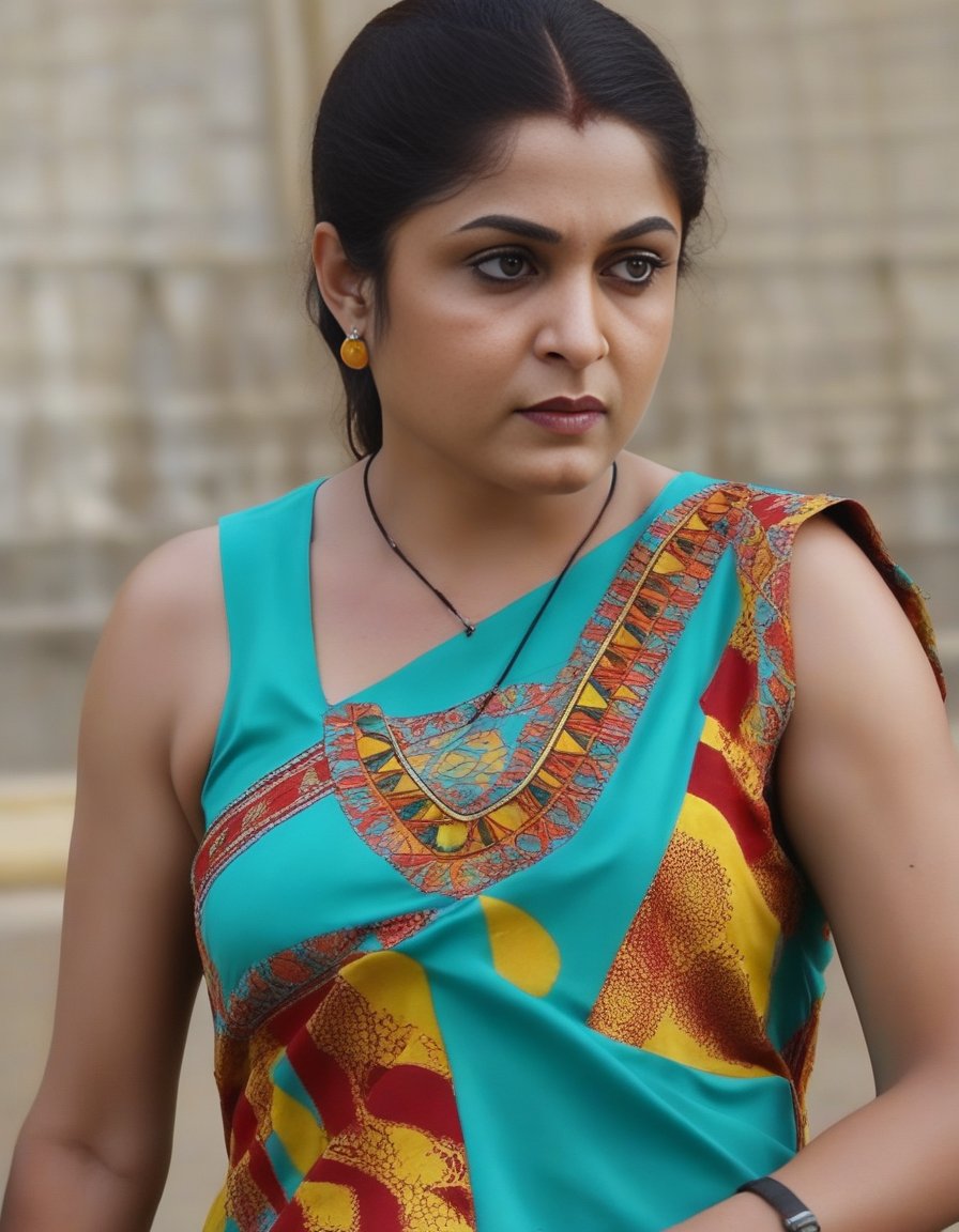 RamyaKrishnan,<lora:RamyaKrishnanSDXL:1>An image of a young woman in a relaxed, standing pose. She is holding the hem of her Dashiki colorful sleeveless dress with her left hand at mid-thigh level, slightly lifting it to reveal the shorts underneath. Her right arm is bent with her hand gently touching her collarbone area. She is tilting her head gently to her left and looking at the camera with a soft gaze and a neutral expression. Her hair is long, straight, and draped over her right shoulder. The dress features a vibrant turquoise color with a bold yellow and red pattern, and it is trimmed with white lace details. Strong depth of field, outdoor settings.