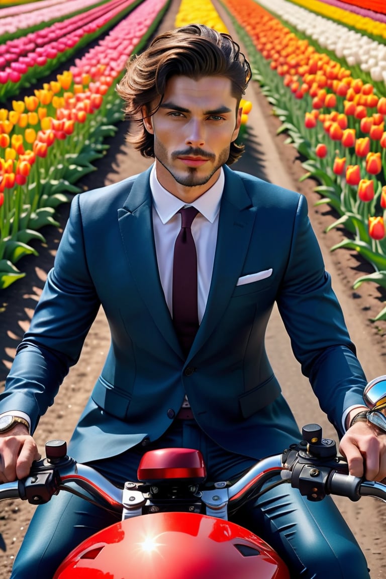 masterpiece of photorealism, photorealistic highly detailed professional 8k raw photography, best hyperrealistic quality, volumetric real-time lighting and shadows, Over-the-Shoulder Shot, Male Writer, Lean and Toned Body Shape, Formal Three-Piece Suit, Tousled Hair, Sitting on a Motorcycle, Aerial Views of Colorful Tulip Fields, background full of busy people