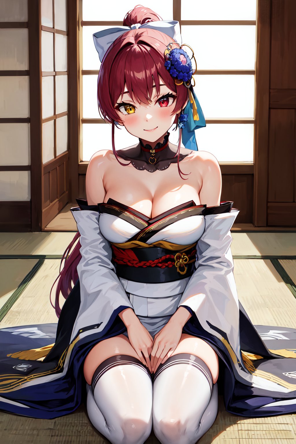 masterpiece, best quality, highres, ccmarine, ponytail, hair bow, hair flower, white bow, heterochromia, detached collar, bare shoulders, off shoulder, cleavage, japanese clothes, white kimono, detached sleeves, wide sleeves, sash, obi, thighhighs, <lora:houshou_marine_v1:0.7>, kneeling, indoors, smile, 