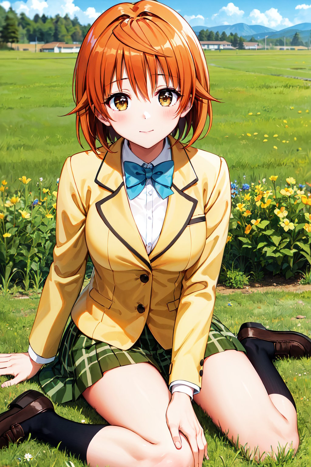 masterpiece, best quality, highres, aariko, short hair, brown eyes, school uniform, blue bowtie, blazer, yellow jacket, long sleeves, plaid skirt, green skirt, <lora:yuusaki_riko_v1:0.6>, field, wariza, sitting,