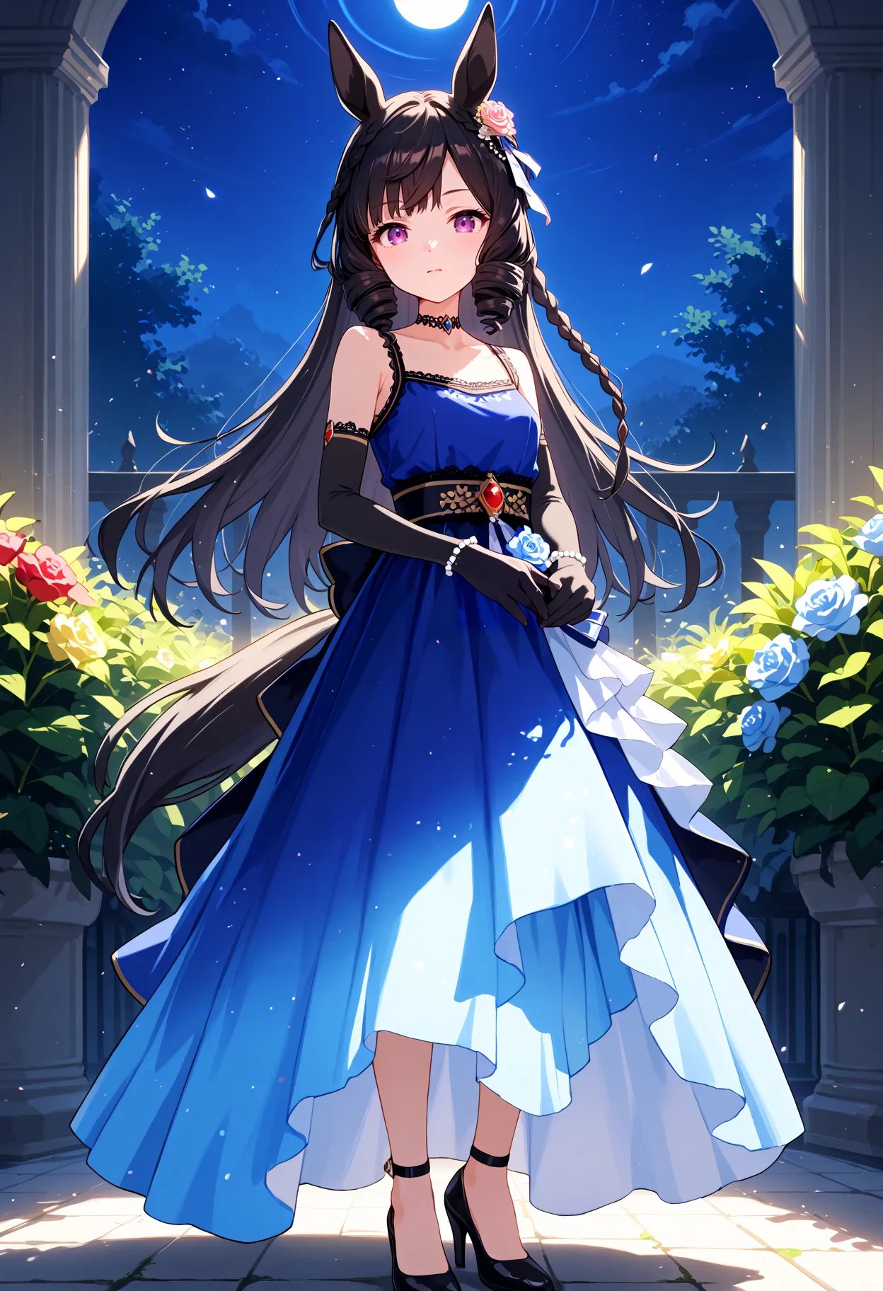 score_9, score_8_up, score_7_up, BREAK, best quality, masterpiece, very aesthetic, ultra detailed,very detailed background,BREAK,,zPDXL3,Ruby_FB, 1girl, solo, horse ears, horse tail, long hair, black hair, purple eyes,drill hair, sleeveless dress, blue dress, black elbow gloves,high heels, official alternate costume,sleeveless,Choker,garden,night, <lyco:D_Ruby-ponyXL_locon-000013:0.8>