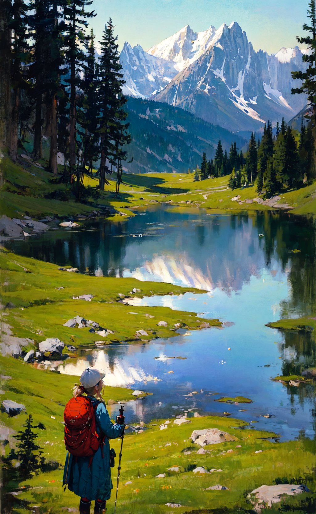 masterpiece, best quality, detailed background, ultra-detailed, illustration, 1girl, solo, outdoors, camping, night, mountains, nature, stars, moon, bonfire, tent, twin ponytails, green eyes, cheerful, happy, backpack, sleeping bag, camping stove, water bottle, mountain boots, gloves, sweater, hat, flashlight, forest, rocks, river, wood, smoke, shadows, contrast, clear sky, constellations, Milky Way, peaceful, serene, quiet, tranquil, remote, secluded, adventurous, exploration, escape, independence, survival, resourcefulness, challenge, perseverance, stamina, endurance, observation, intuition, adaptability, creativity, imagination, artistry, inspiration, beauty, awe, wonder, gratitude, appreciation, relaxation, enjoyment, rejuvenation, mindfulness, awareness, connection, harmony, balance, texture, detail, realism, depth, perspective, composition, color, light, shadow, reflection, refraction, tone, contrast, foreground, middle ground, background, naturalistic, figurative, representational, impressionistic, expressionistic, abstract, innovative, experimental, unique