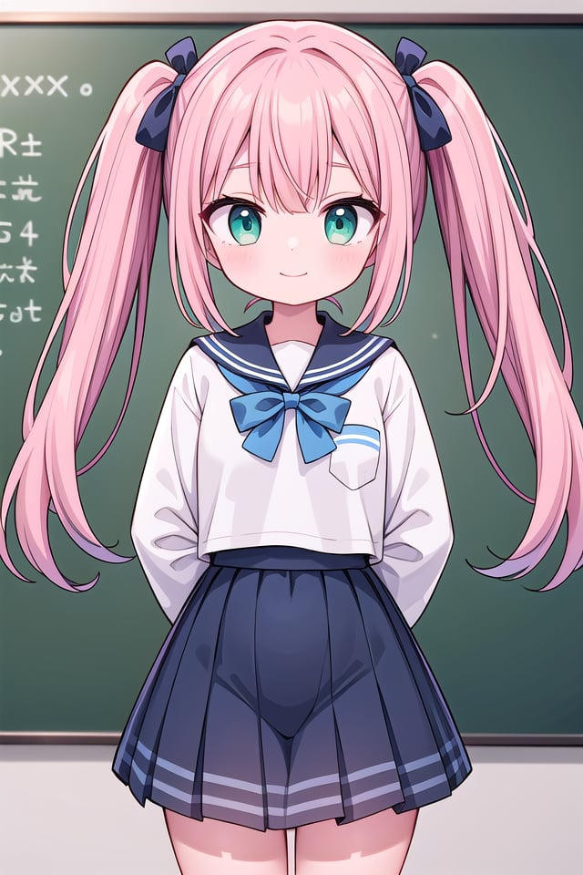 insanely detailed, absurdres, ultra-highres, ultra-detailed, best quality,1girl, solo, nice hands, perfect handsBREAKsailor school uniform with blue ribbon, long sleeves, white shirt, blue pleated skirtBREAKhappy smile, laugh, closed mouthBREAK(45 angle:-1.5), (from side:-1.5), arms behind back, standing, cowboy shot, looking at viewerBREAKslender, kawaii, perfect symmetrical face, ultra cute girl, ultra cute face, ultra detailed eyes, ultra detailed hair, ultra cute, ultra beautifulBREAKin classroom, chalkboard, depth of field, ultra detailed backgroundBREAKmedium breasts, (cleavage:-1.3)BREAKpink hair, green eyes, cornrows, long hair, twintails