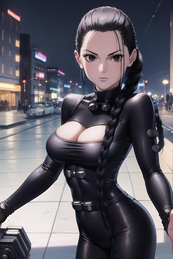 seisakuraoka, <lora:sei sakuraoka manga-lora-nochekaiser:1>,sei sakuraoka, braid, black hair, (black eyes:1.5), single braid,BREAK bodysuit, black bodysuitBREAK outdoors, city, night, sky, starry sky, moon,BREAK looking at viewer, (cowboy shot:1.5),BREAK <lyco:GoodHands-beta2:1>, (masterpiece:1.2), best quality, high resolution, unity 8k wallpaper, (illustration:0.8), (beautiful detailed eyes:1.6), extremely detailed face, perfect lighting, extremely detailed CG, (perfect hands, perfect anatomy),