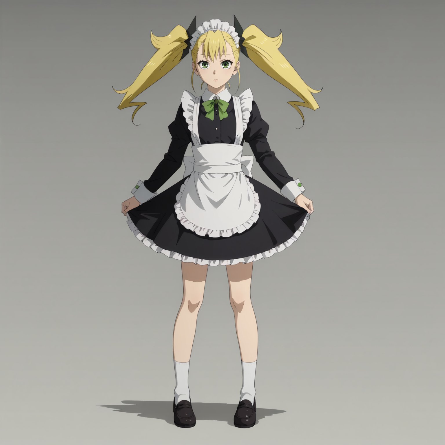 <lora:KikoruShinomiyaXLpony001>,solo,KikoruShinomiya,1girl,blonde hair,twintails,green eyes,full body,standing,maid,