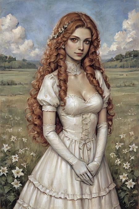 score_9, score_8_up, score_7_up, rating_safe, gothic art, oil painting, traditional media, realistic, 1girl, solo, long hair, curly hair, wavy hair, orange hair, orange eyes, looking at viewer, breasts, dress, white dress, puffy sleeves, puffy short sleeves, short sleeves, gloves, elbow gloves, white gloves, cowboy shot, closed mouth, standing, outdoors, field, flower, grass, plant, sky <lora:Gothic Art 2 Style SDXL_LoRA_Pony Diffusion V6 XL:0.7>