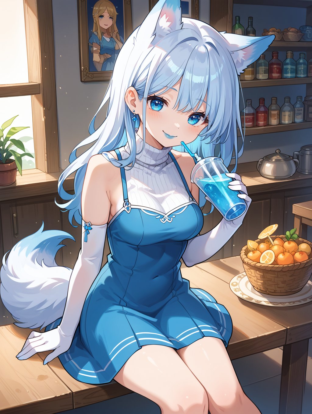 score_9, score_8_up, score_7_up,source_anime,BREAK1girl (turtleneck/blue-dress) wolf-ears wolf-tail long-skirt smile elbow-gloves pale-skin blue-makeup blue-lips blue-lipstick medium-breasts drinking-tea sitting-at-table absurdres highly-detailed best-quality masterpiece amazing-shading cinematic-lighting detailed-illustration