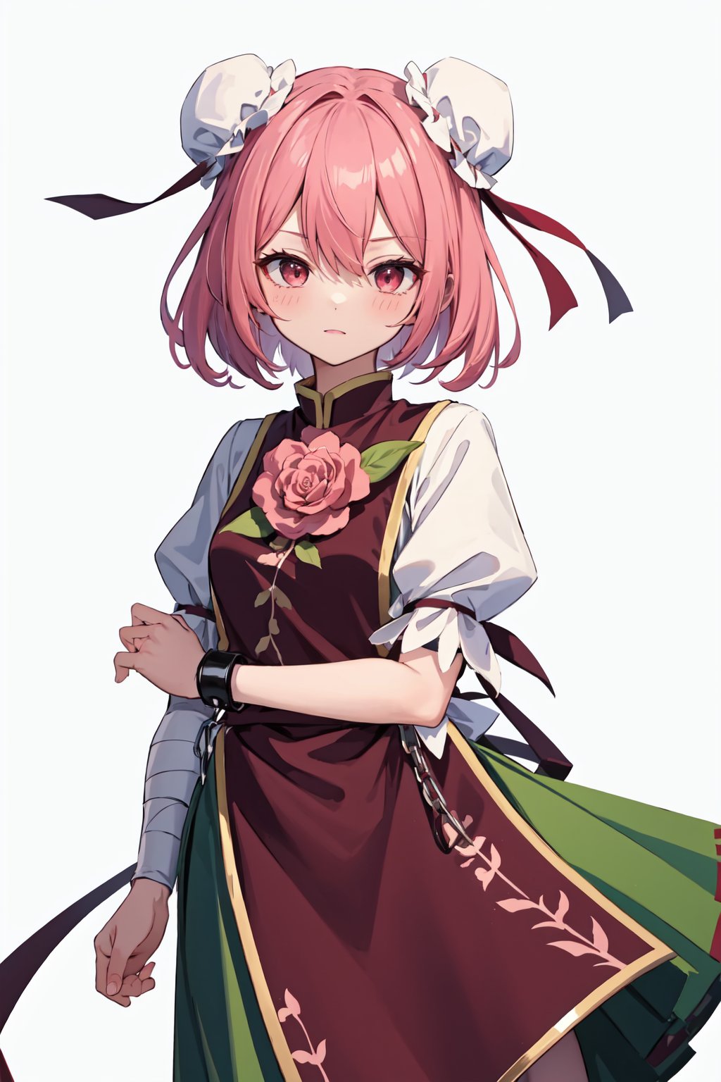 ibaraki_kasen,1girl,solo,double_bun,bun_cover,bandaged_arm,tabard,green_skirt,looking_at_viewer,shackles,puffy_short_sleeves,white_shirt,pink_rose,blush<lora:ibaraki_kasen:1>,simple background,white backgroundmasterpiece,best quality, highly detailed, 