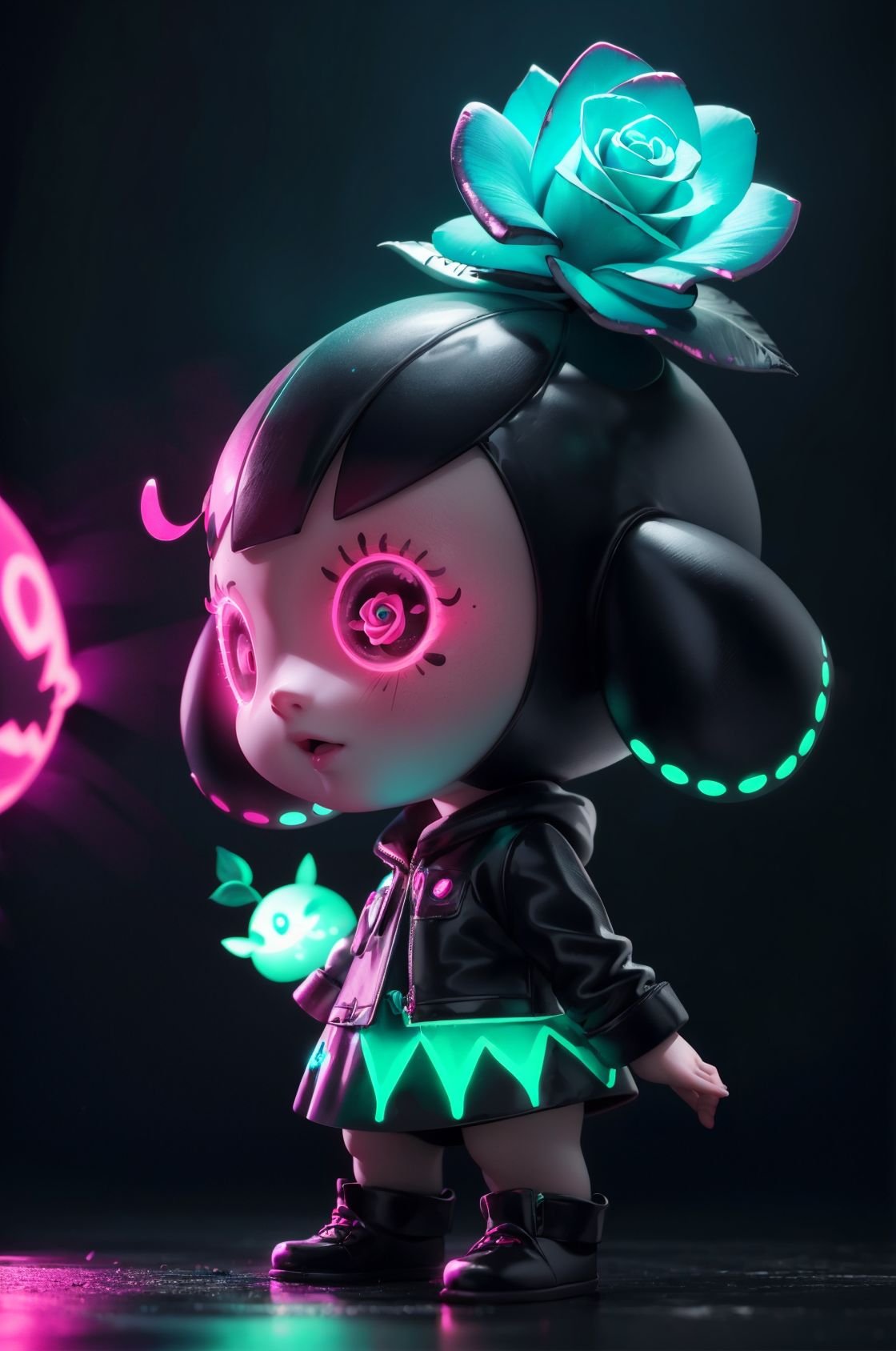 NJIP,chibi,((Glow)),3D,(a scary ugly rose- creation),cute female-monster,Surrealism Dream Style,Glowing neon color,neon light,low angle shot,highly detailed,ultra-high resolutions,32K UHD,best quality,masterpiece,(kawaii,chibi:0.5),