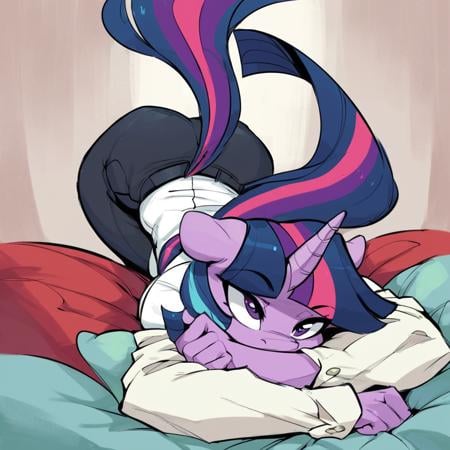 score_9, score_8_up, score_7_up, score_6_up, score_5_up, score_4_up,anthro pony,twilight sparkle,face down ass up,shining armor,from behind,implied sex,fully clothed,on bed,side view,big breasts,thick thighs,looking at viewer,upper body shot,<lora:seii_adamw17bw:0.4>seii