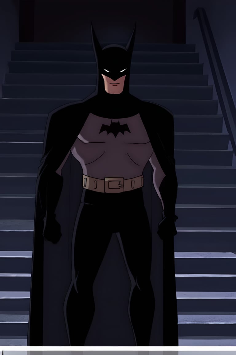 batman, batman_cc_style, solo, stairs, looking at viewer, straight-on, letterboxed, 1boy<lora:EMS-410711-EMS:1.000000>