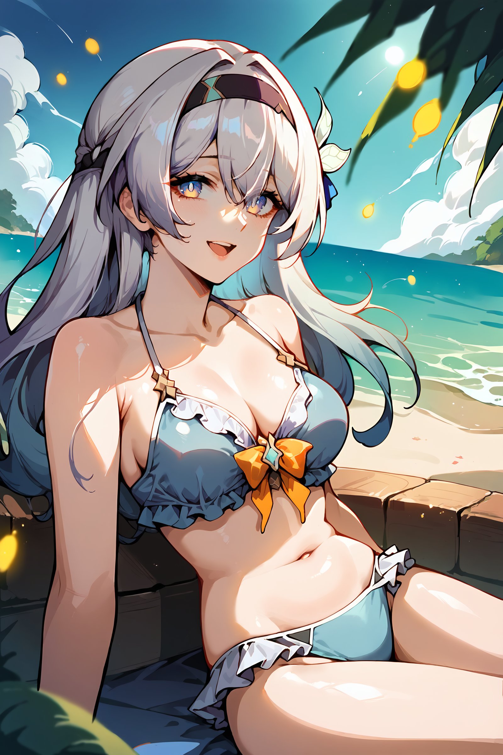 score_9, score_8_up, score_7_up, 1girl, firefly \(honkai: star rail\), hairband, frilled bikini, looking at viewer, reclining, beach, ocean, sunlight, blue sky, depth of field, laughing  <lora:Char-HonkaiSR-Firefly-V1-Pony:0.9>  <lora:Expressive_H:0.3> <lora:urushihara-lora04_PonyXL:0.7>