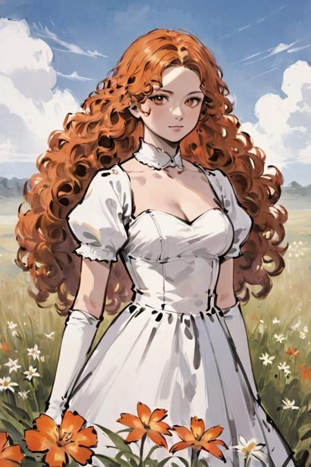 score_9, score_8_up, score_7_up, rating_safe, 1girl, solo, long hair, curly hair, wavy hair, orange hair, orange eyes, looking at viewer, breasts, dress, white dress, puffy sleeves, puffy short sleeves, short sleeves, gloves, elbow gloves, white gloves, cowboy shot, closed mouth, standing, outdoors, field, flower, grass, plant, sky <lora:Ink Style LoRA XL:0.8>