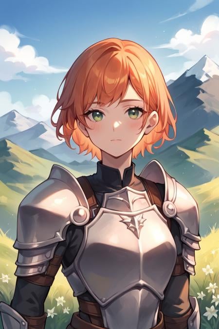 score_9, score_8_up, score_7_up, score_6_up, score_5_up, score_4_up, rating_safe, 1girl, outdoors, armor, solo, green eyes, mountain, orange hair, looking at viewer, shoulder armor, short hair, breastplate, upper body, day, sky, closed mouth, flower, blush, pauldrons, mountainous horizon, bangs, blue sky, grass <lora:Smooth Anime Style LoRA XL:1>