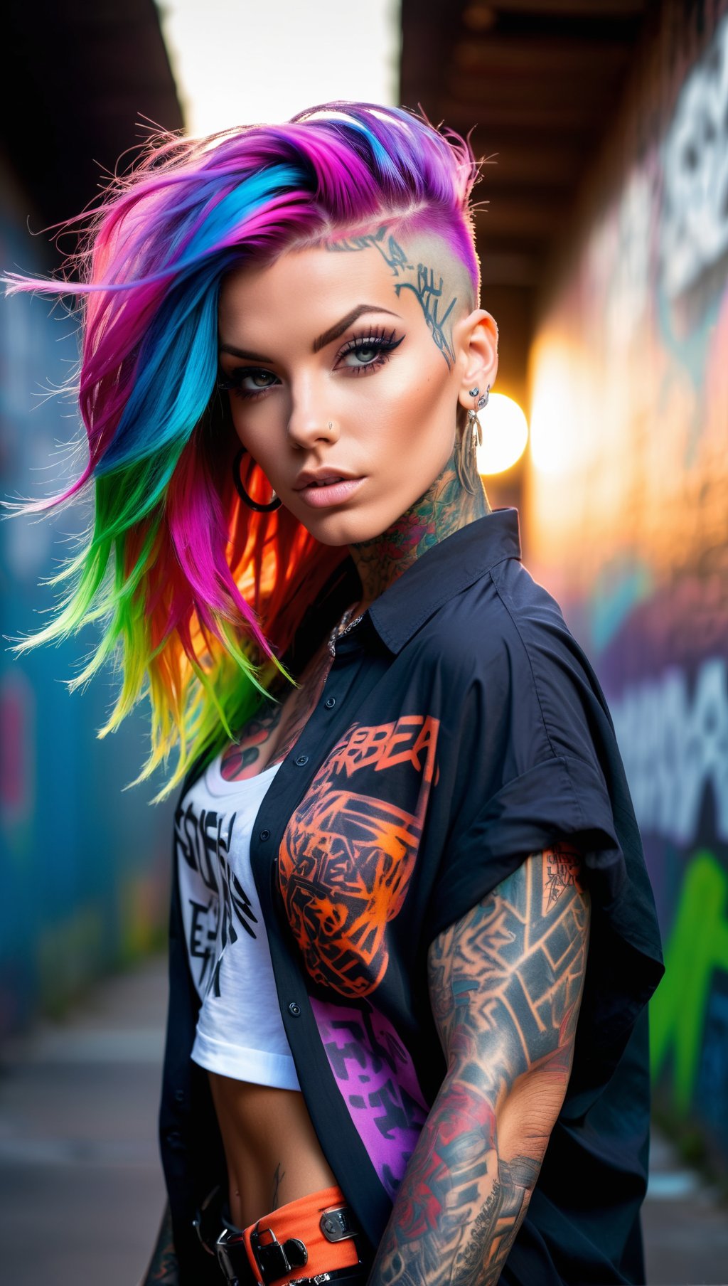 upper body portrait,raw essence of a tattooed street style icon,rebellious energy,wearing oversized shirt  with logos,vibrant graffiti as backdrop,edgy fashion,sense,confident gaze,colorful hair,light beams streaming through haze,