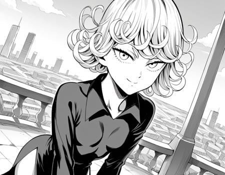 score_9, score_8_up, score_7_up, source_anime,tatsumaki, <lora:opm-tatsumaki-manga-ponyxl-lora-nochekaiser:1>,tatsumaki, short hair, curly hair, monochrome, greyscale,long sleeves, dress,outdoors, cityscape, bent over, smile,looking at viewer, cowboy shot, solo, dutch angle,