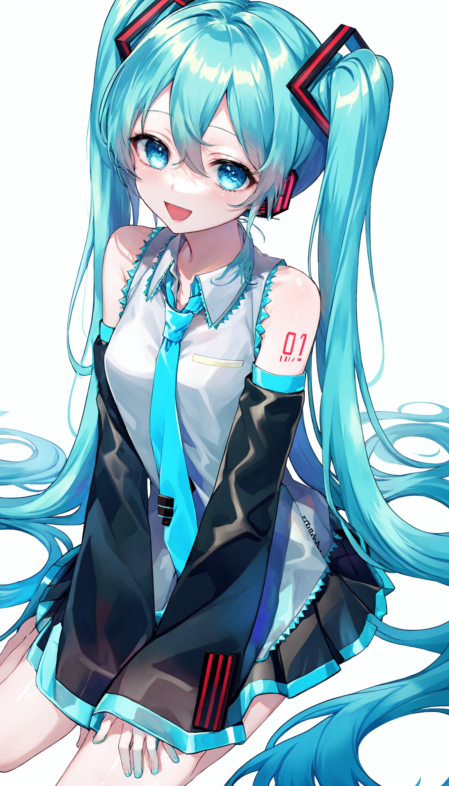 solo, 1girl, long hair, hatsune miku, detached sleeves, very long hair, skirt, shirt, black sleeves, necktie, black skirt, pleated skirt, collared shirt, smile, twintails, sleeveless shirt, sleeveless, blue necktie, blue hair, open mouth, :d, looking at viewer, blue eyes, miniskirt, white background, sitting, bangs, hand between legs, long sleeves, wing collar, white shirt, shiny hair, shiny, between legs, simple background, hair between eyes