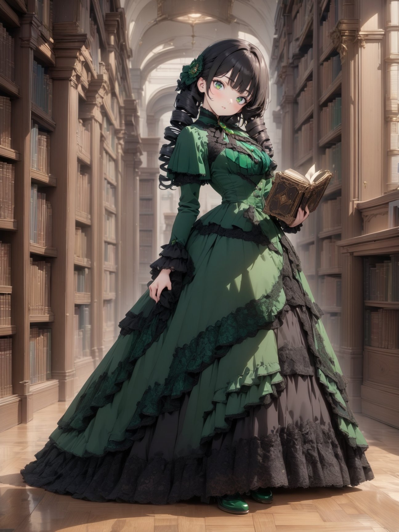 8k, masterpiece, highly detailed,1girl wearing an emerald green (victorian dress), <lora:victorian_dress-XL-2.0:1>black hair, ringlets, green eyes,full body, head tilt, holding a book, library, black lace