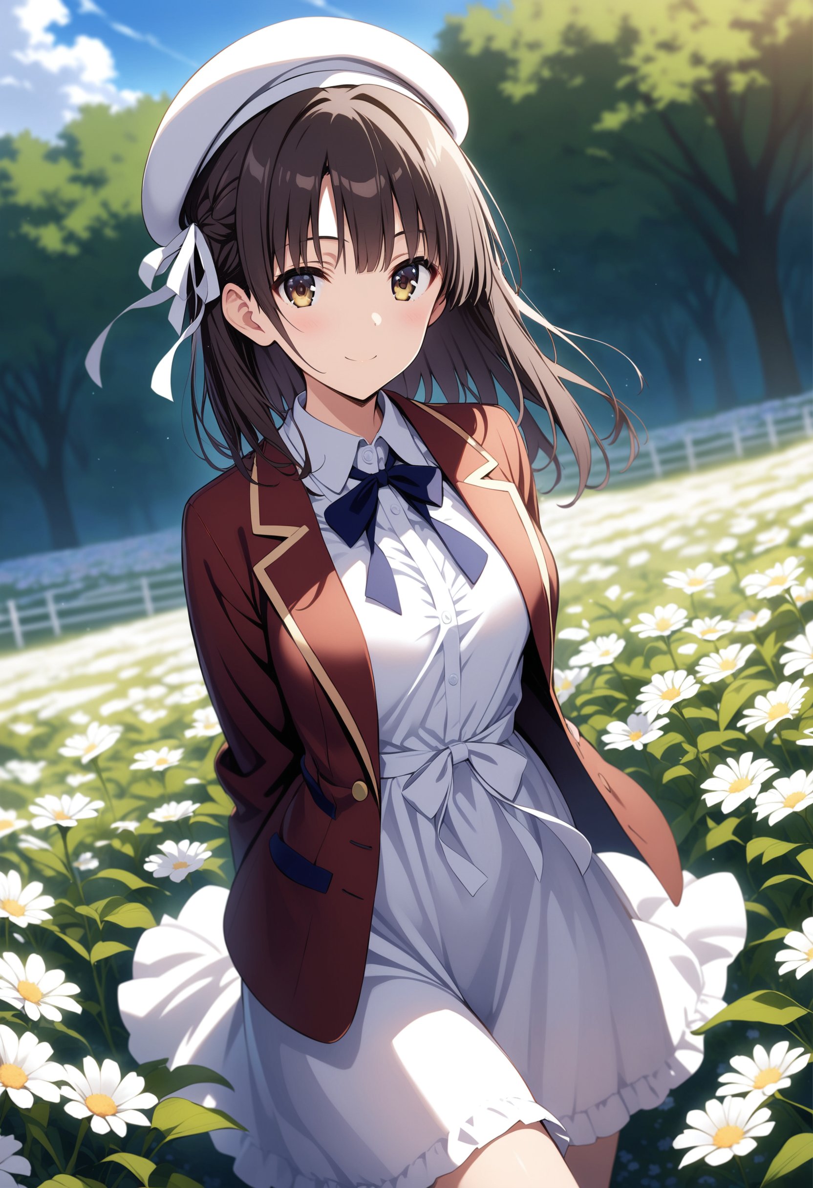 masterpiece, best quality, ultra detailed, very aesthetic,1girl, katou megumi, saenai heroine no sodatekata, brown hair, brown eyes, collared dress, white dress, ribbon, jacket, beret, smile, looking at viewer, outdoors, flower field, sky,