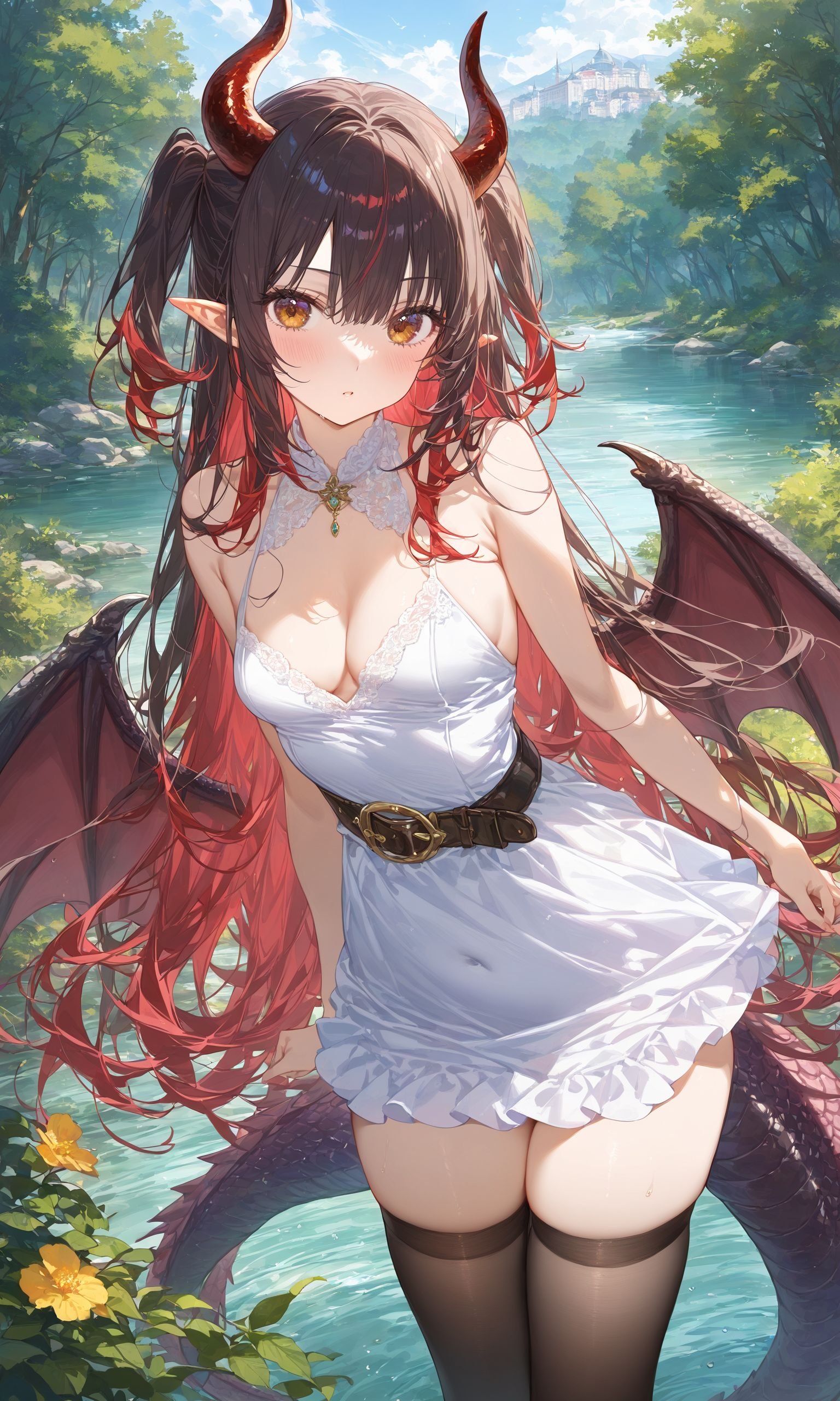 1girl, torino aqua, masterpiece, best quality, solo, dragon tail, dragon wings, horns, white dress, long hair, side up, river, tree, forest, pointy ears, bare shoulders, belt, black hair, black thighhighs, brown eyes, cleavage, dress, looking at viewer, multicolored hair, nature, outdoors, red hair, short dress, small breasts, standing, tail, thighhighs, very long hair,masterpiece, best quality, score_9, score_8_up, score_7_up, ultra-detailed, Best-A, Medium-B, Low-C, Bad-D,