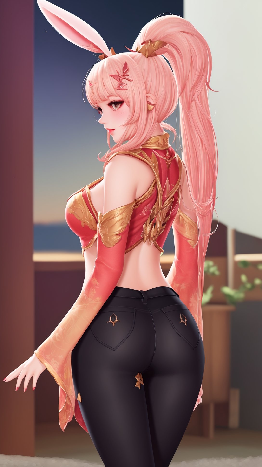 (1girl),smooth chin,masterpiece,detailed face,((hair ornament focus)),top quality,4k,make up,best quality,medium breasts,(looking at viewer),eyes focus,upper body,rabbit ears,pink hair,ponytail,((black pants)),blush,body blush,mature female,navel,light red and light golden mixed sleeves,night sky,arms behind back,long legs,red skirt,hole on pants,walking,<lora:王者 公孙离 原皮_v1.0-000008:0.8>,