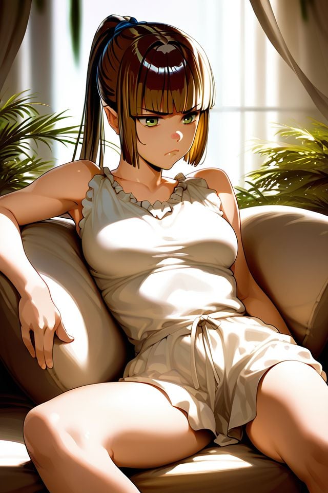 score_9, score_8_up, score_7_up, 1girl, solo, pout, dark_brown hair, round_fringe, split_ponytail, green eyes, medium breasts, reclining, beautiful background <lora:Menyoujan_PonyXL_style_v01.06.01:1>