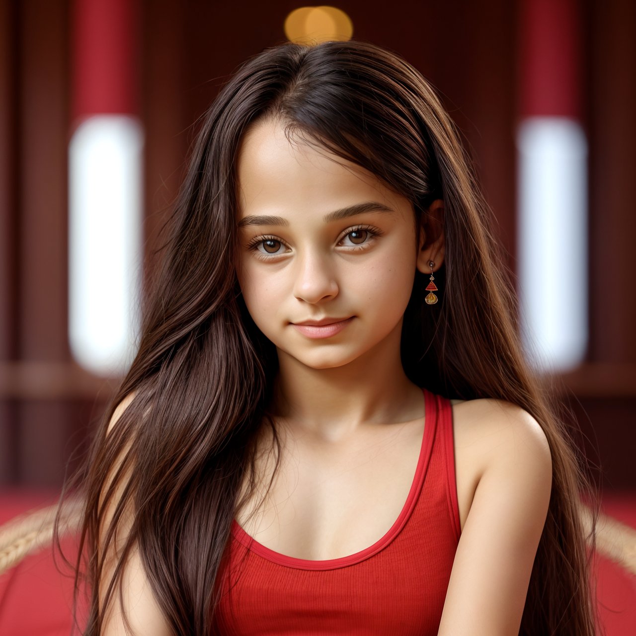 SFW, (masterpiece:1.3), best quality, portrait of calm (AIDA_LoRA_SabiC:1.11) <lora:AIDA_LoRA_SabiC:0.91> sitting on the red surface, pretty face, t-shirt, long falling hair, naughty, funny, happy, playful, hyper realistic, kkw-ph1