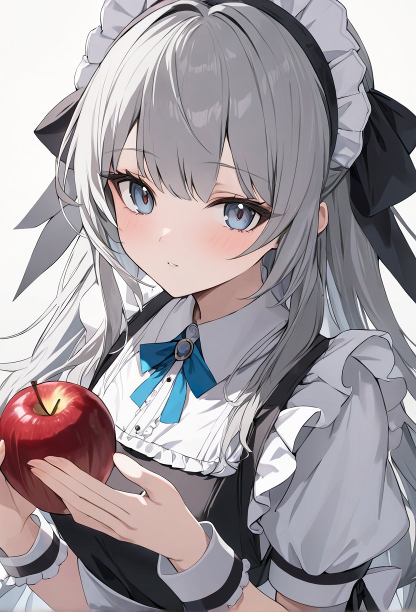 1girl, solo, Grey hair, long hair, maid's outfit, close-up of face, looking at viewer, holding apple in hand, highly detailed, best quality, absurdres