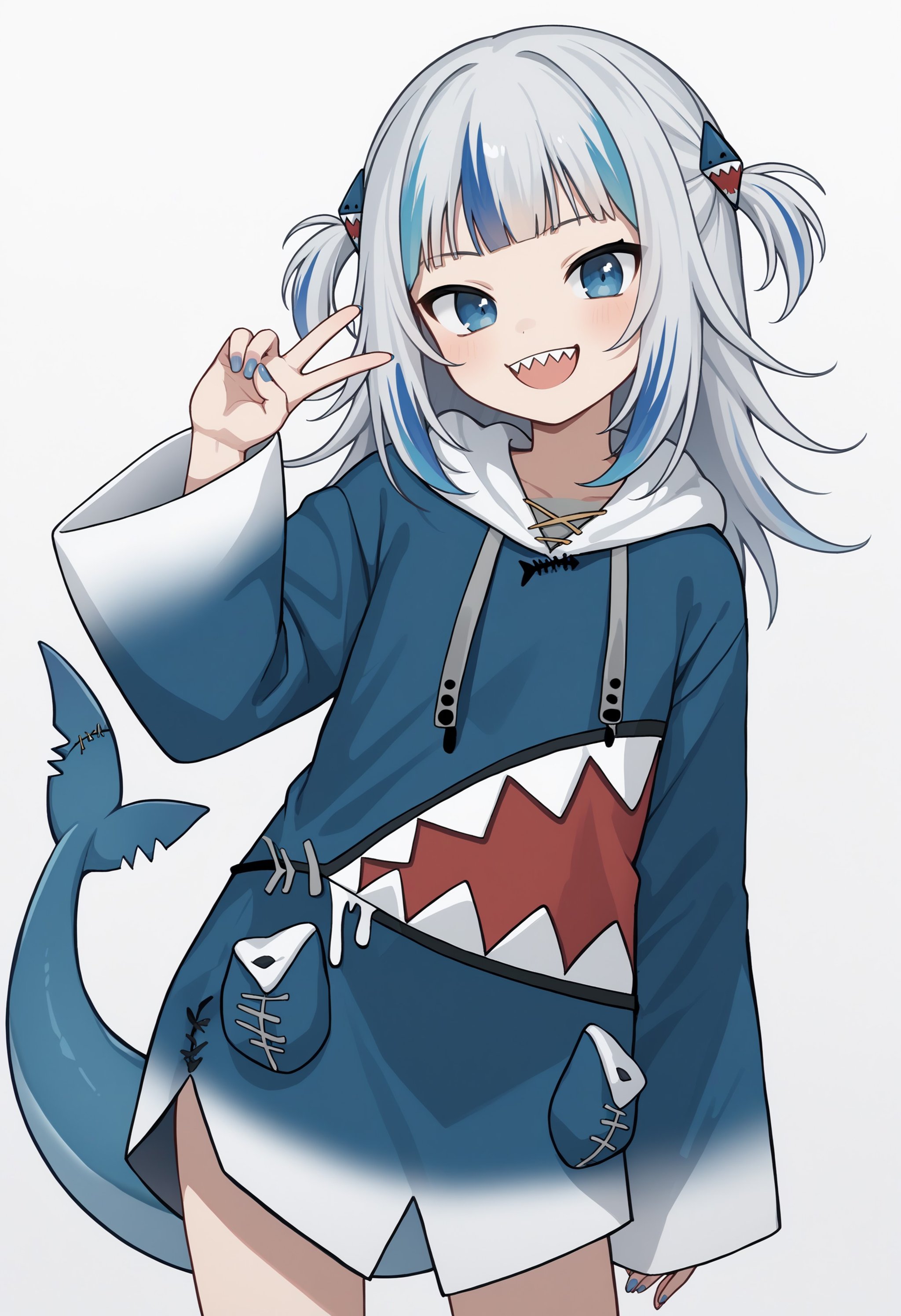 score_9, score_8_up, score_7_up, source_anime, ggdef, shark girl, blue eyes, blue hair, grey hair, multicolored hair, streaked hair, blunt bangs, two side up, shark hair ornament, sharp teeth, nail polish, blue nails, shark tail, fins, blue hoodie, hood down, long sleeves, wide sleeves, sleeves past wrists, drawstring, shark costume, peace sign, cowboy shot, smile, happy, looking at viewer<lora:GawrGuraPonyXLv6-20:1>