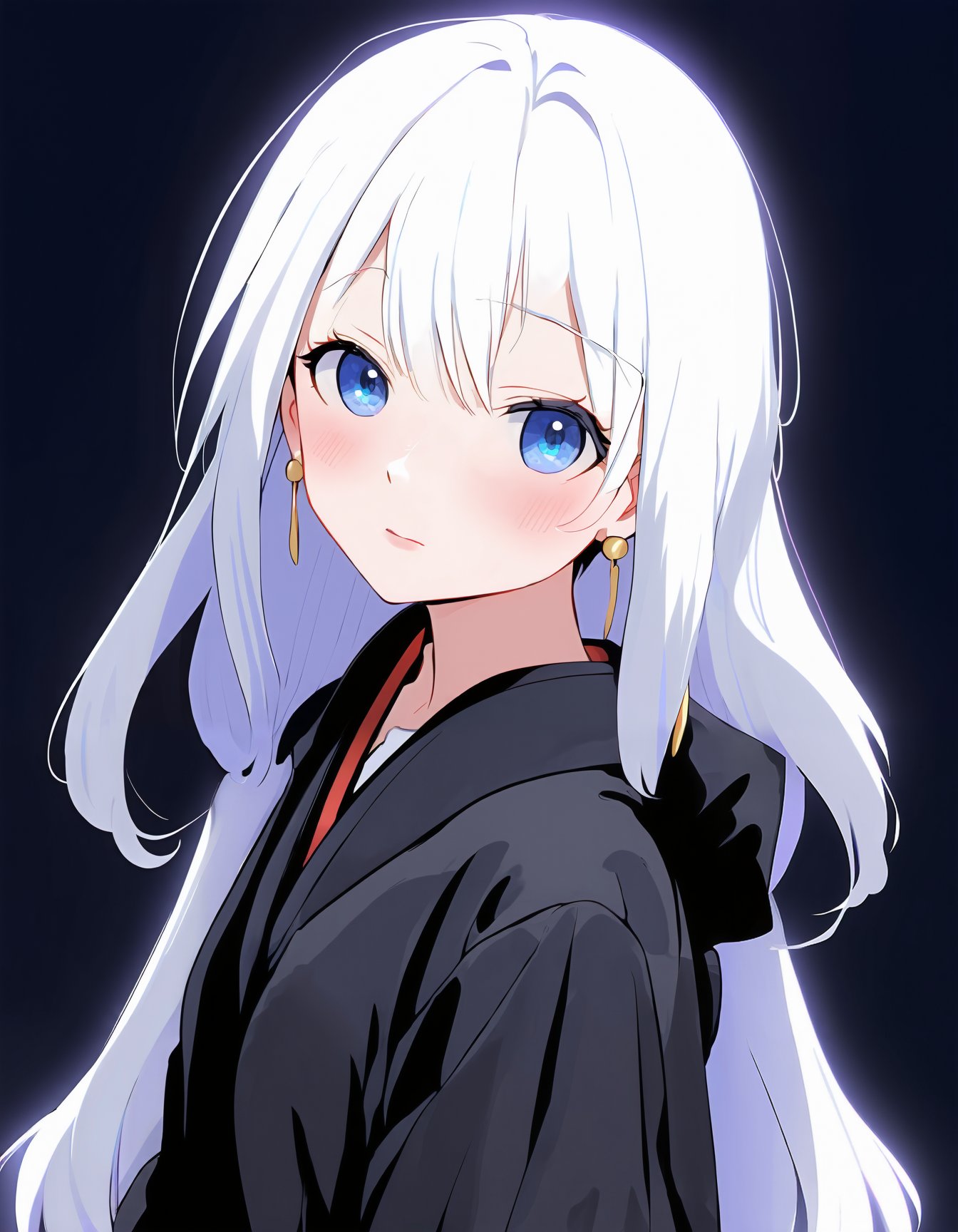 anime style, an anime girl with white hair and blue eyes, wearing a black kimono and earrings on her earlobes