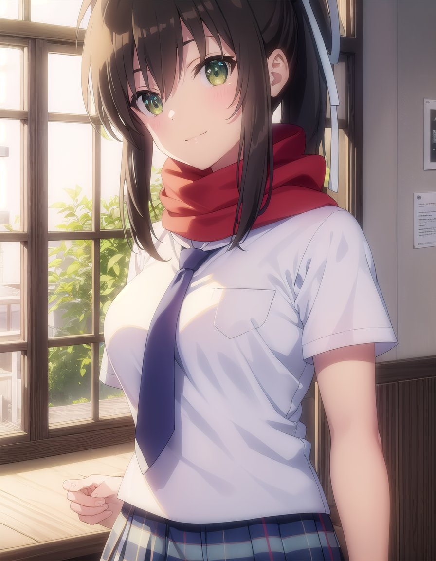 skasuka, <lora:sk asuka s1-lora-nochekaiser:1>,asuka, brown hair, (green eyes:1.3), ribbon, hair ribbon, ponytail, smile,BREAK skirt, school uniform, necktie, scarf, short sleeves,BREAK indoors, classroom,BREAK looking at viewer, (cowboy shot:1.5),BREAK <lyco:GoodHands-beta2:1>, (masterpiece:1.2), best quality, high resolution, unity 8k wallpaper, (illustration:0.8), (beautiful detailed eyes:1.6), extremely detailed face, perfect lighting, extremely detailed CG, (perfect hands, perfect anatomy),